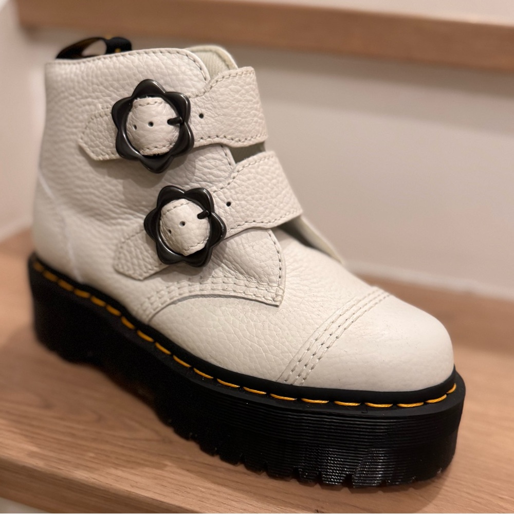 Dr. Martens White Devon Flower Buckle Platform Boots in Milled Nappa leather.
